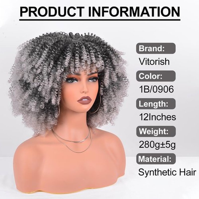 Vitorish Short Curly Afro Wig with Bangs 12 Inches Natural Afro Kinky Curly Synthetic Hair Wig about 280g/Piece No Glue Heat Resistant Hair Replacement Wigs (Ombre Grey)