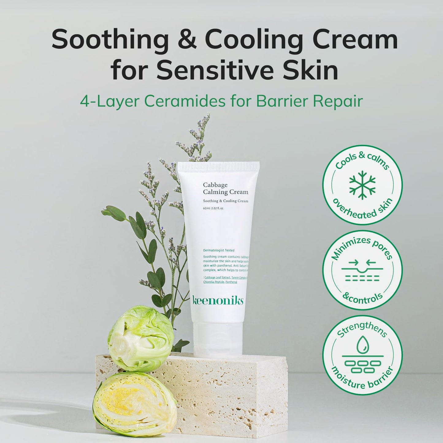 keenoniks Cabbage Calming Cream – Instantly Calm, Hydrate & Tighten Pores - Korean Moisturizer for Sensitive Skin - 60ml (2.03 Fl Oz)