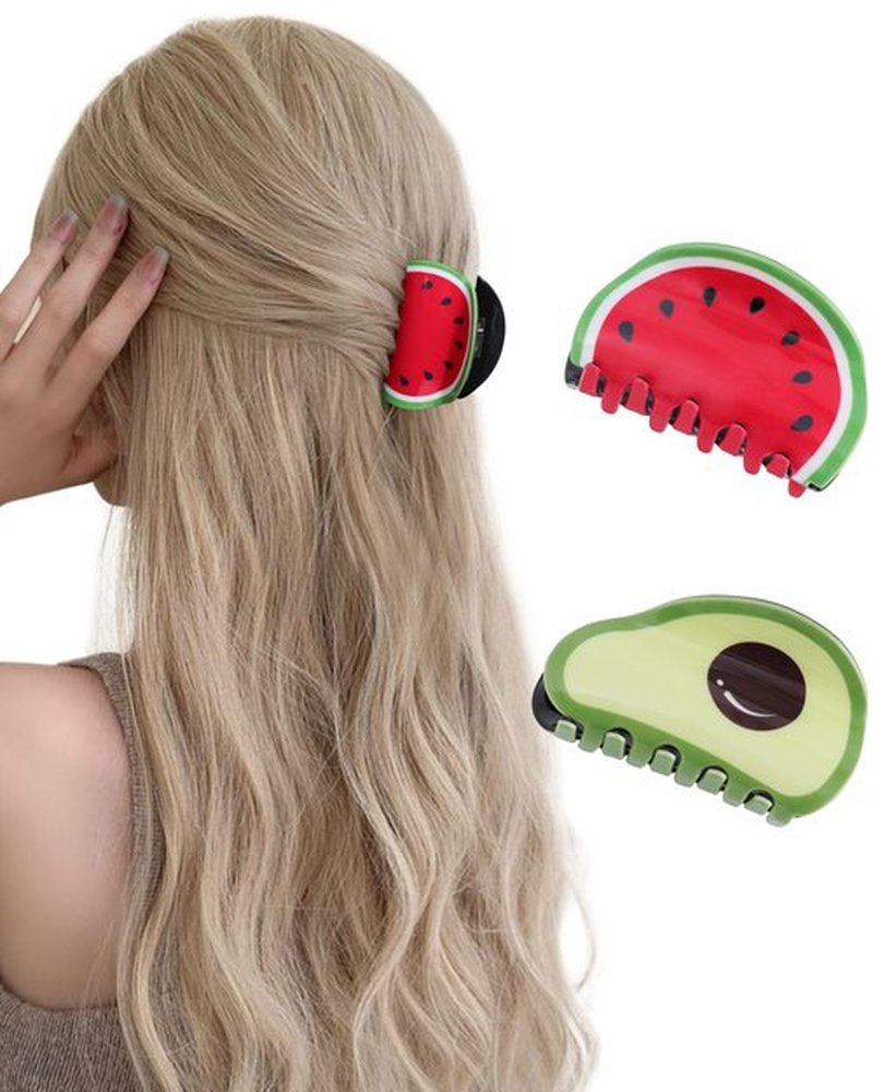 HAIMEIKANG 2PCS Fruit Hair Claw Clips - Fun Hair Clip Non-Slip Medium Cute Claw Clips for Women Girls(Watermelon + Avocado)