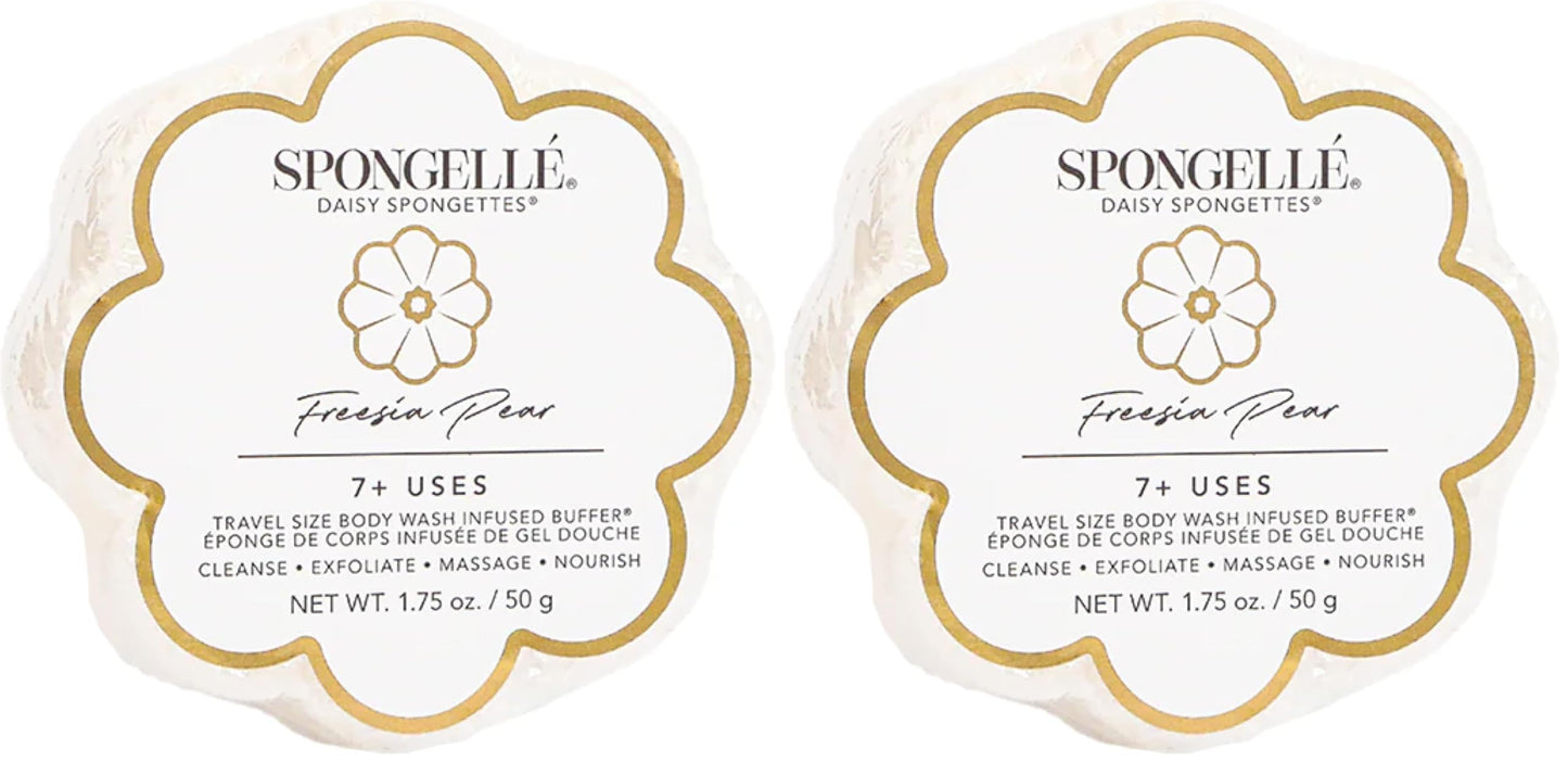 Spongelle Freesia Pear Spongette Loofah Body Scrubber | Bath & Shower Loofah for Women | Body Scrubber Exfoliator with Body Wash Infused Sponge | 5+ uses | Fresh Freesia, Juicy Pear & Musk (Pack of 2)