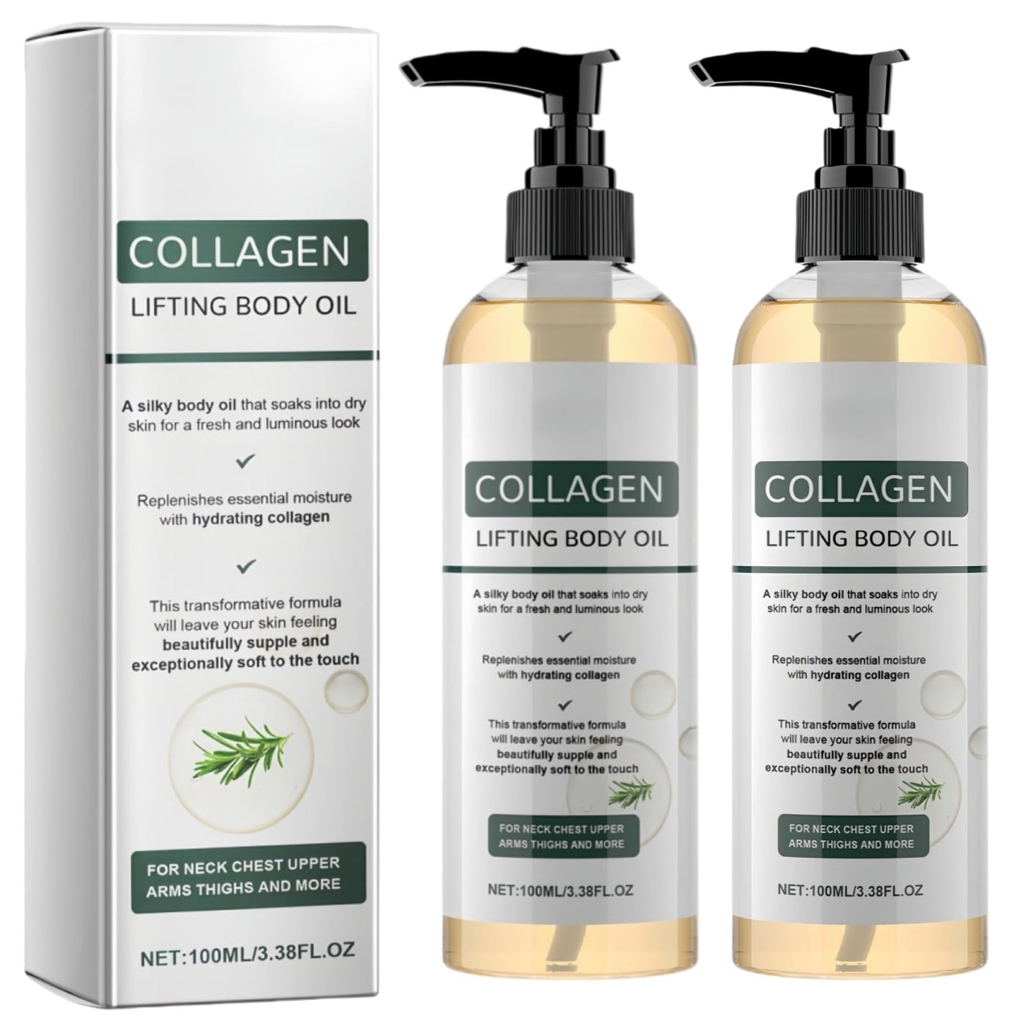 2 PCS Hydrating Collagen Oil For Body & After Shower, Collagen Lifting Body Oil for Neck, Chest, Arms, Thighs, Helps Soften Appearance of Crepey Skin