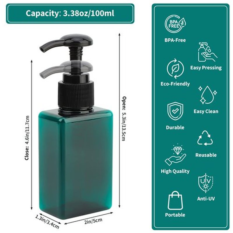 Segbeauty Set of 4 Square Pump Bottles, 3.4oz 100ml Mini Plastic Hand Soap Dispenser with Labels, Refillable Press Bathroom Shower Bottles Empty Lotion Soap Dispenser Travel Containers Cosmetic Cans