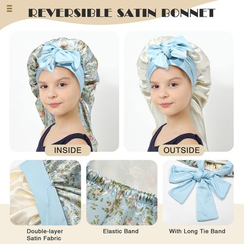 Kids Long Hair Bonnet for Sleeping - Double Layer Girls Elastic Satin Bonnet with Tie Band for Braid Curly Hair (Blue flower+Beige)
