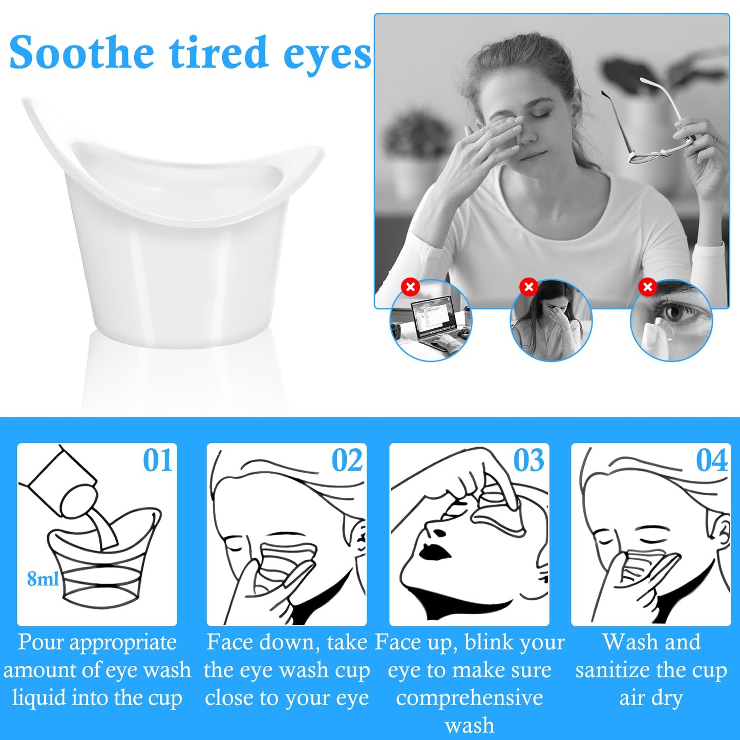 Gjinxi Eye Wash Cups, 2Pcs Reusable Silicone for Eye Wash Eye RinseKit with Clear Storage Container, Portable Eye Flush Kit for Eye Care, for Quick Relief Tired Eyes Cleaning Eye Dust