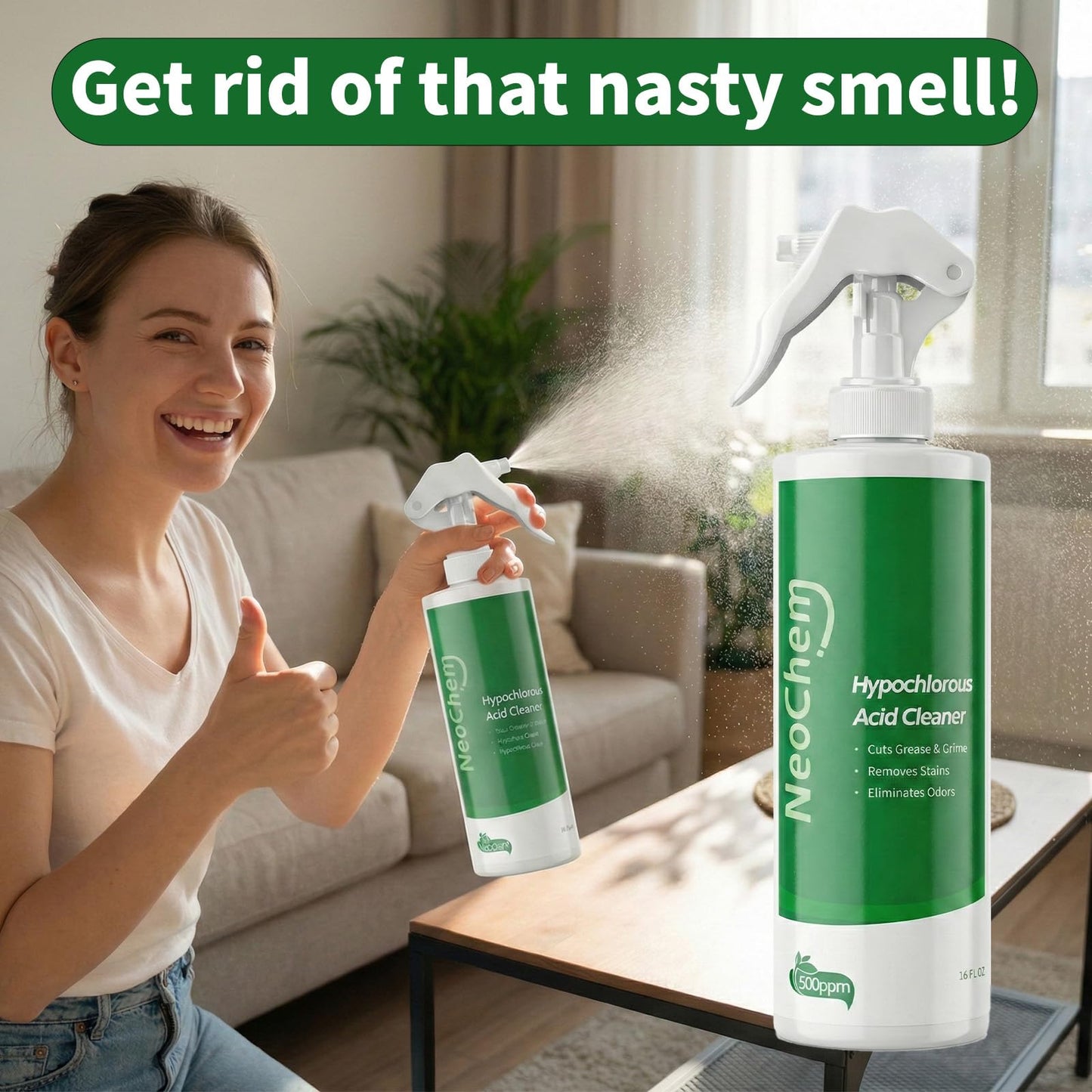 NeoChem Hypochlorous Acid Spray For Cleaning, 500ppm Hypochlorous Acid,Cuts Grease, Removes Stains, Eliminates Odors - No Rinse, No Harsh Fumes, Biodegradable