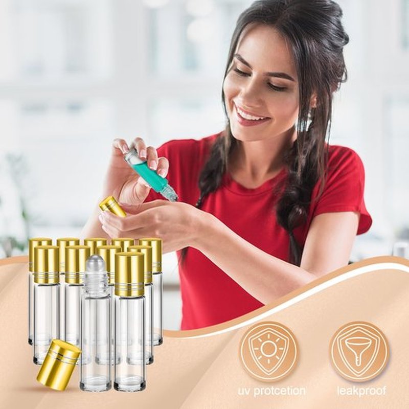 SEEWEY 96 Pcs Essential Oil Roller Bottles 10ml Empty Glass Roller Bottles with Stainless Steel Roller Balls Protection Leakproof with 5 Funnel for Travel Perfume Lip Gloss (Clear, Gold Lid)