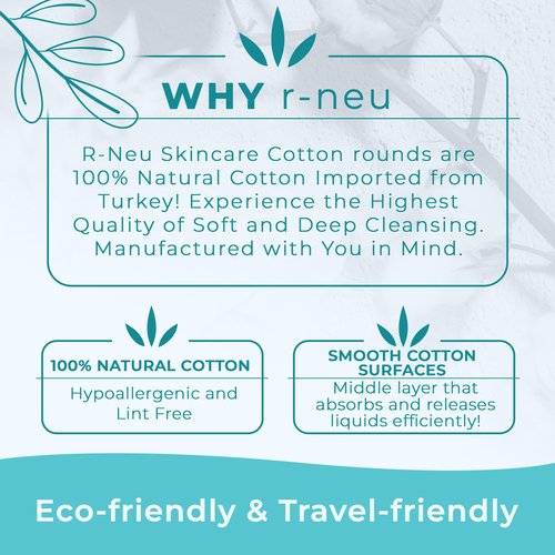 R-Neu Premium [Turkish] Cotton Rounds, 400 Count, Stitched, Waffle Textured, 100% Pure & Natural Cotton Pads for Face, Hypoallergenic Makeup Remover (4 Pack of 100)