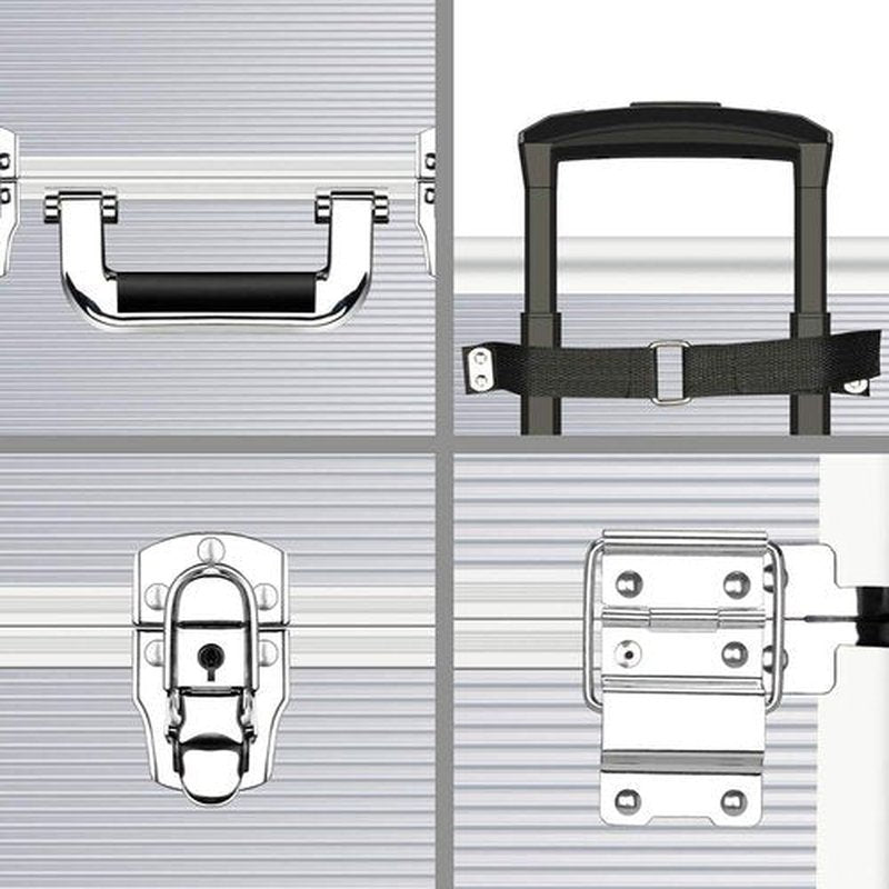 OUDMAY Makeup Rolling Train Case 4-in-1 Professional Artist Trolley Cosmetic Organizer with 2 Wheels Durable Aluminum Frame Folding Trays and Locks Silver