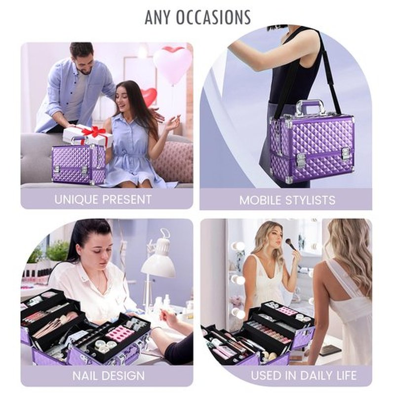 FRENESSA Extra Large Makeup Organizer Case Cosmetic Train Case 6 Trays Large Bottom with Shoulder Strap Travel Makeup Case for Makeup Artist, Cosmetology, Nail Tech Kits Makeup Box Storage Purple