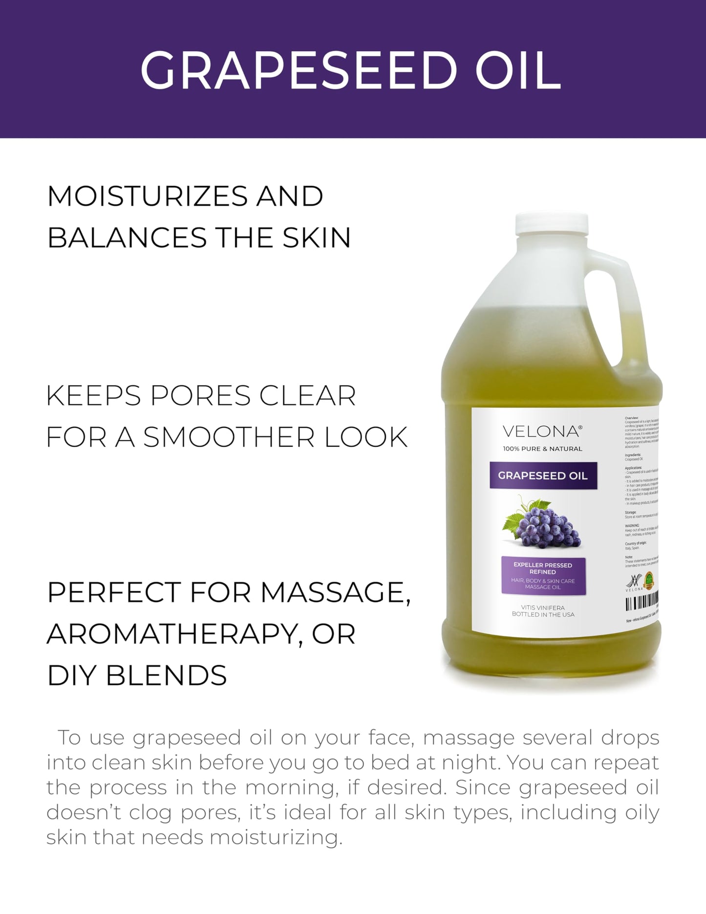 velona Grapeseed Oil 64 fl oz | 100% Pure and Natural Carrier Oil | Refined | Skin, Face, Body, Hair Care | Use Today - Enjoy Results