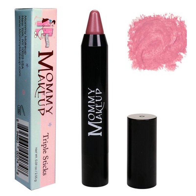 Mommy Makeup Triple Sticks Lipstick & Cream Blush in Pink Daisy (A Daisy Pink with Shimmer) - Soft & Creamy, Moisturizing Multistick For Lips & Cheeks with Medium Coverage