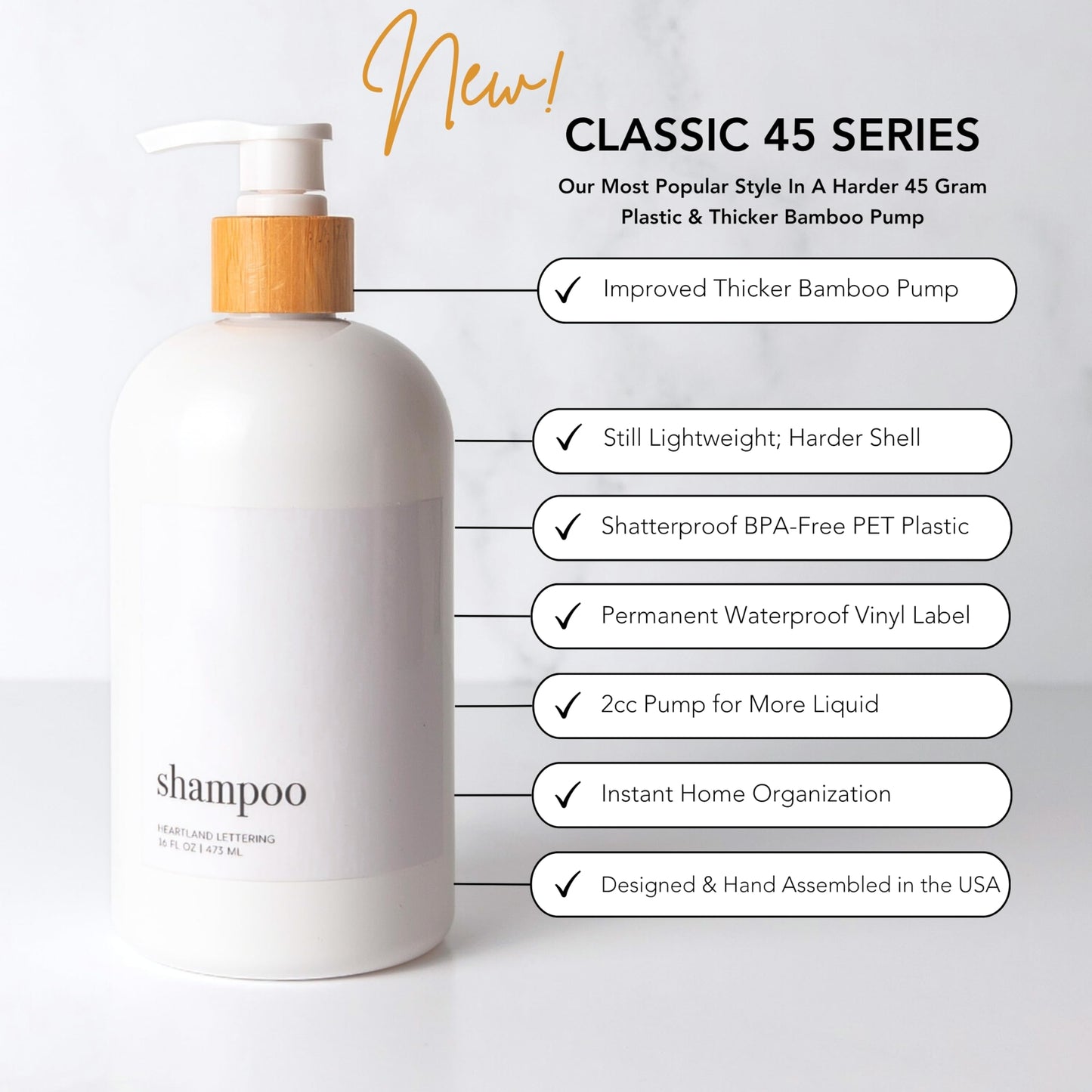Heartland Lettering Shampoo and Conditioner Dispenser - Modern Refillable Shower Soap Container Set of 3, Plastic Bottles with Waterproof Labels, White Empty Bottle & Bamboo Pumps