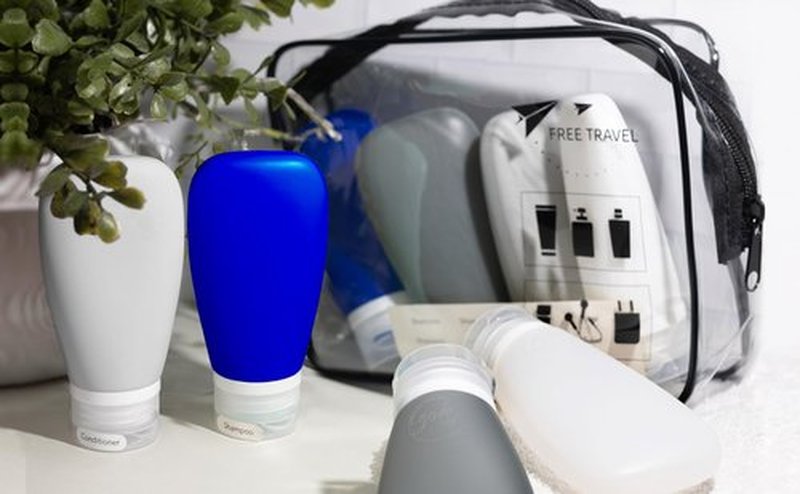 LYOB Travel Bottles for Toiletries, TSA Approved 3oz Leak Proof Silicone Refillable Squeeze Travel Size Containers BPA Free for Cleansers, Lotions, Shampoo, Conditioner 4pk With Bag(W,G,Blk,Bl)