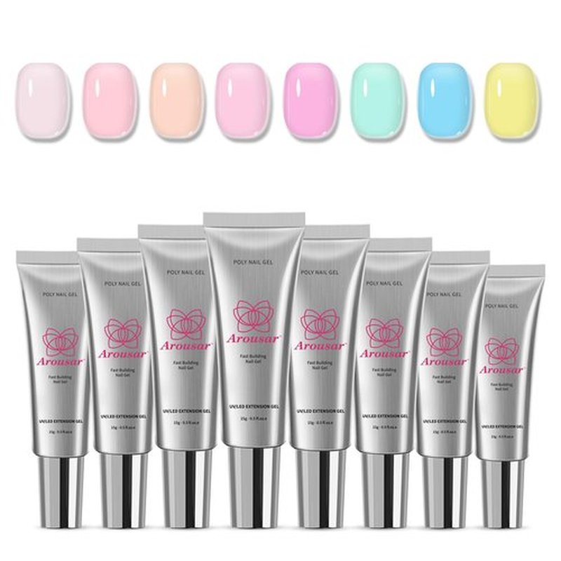 Arousar Poly Nail Gel Set, 8 Colors Pink Green Yellow Blue Clear Nail Extension Gel for Beginners Professional, Builder Nail Gel Mother's Day Spring Summer DIY Design Nail Art Salon at Home
