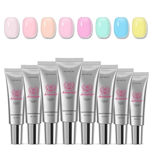 Arousar Poly Nail Gel Set, 8 Colors Pink Green Yellow Blue Clear Nail Extension Gel for Beginners Professional, Builder Nail Gel Mother's Day Spring Summer DIY Design Nail Art Salon at Home