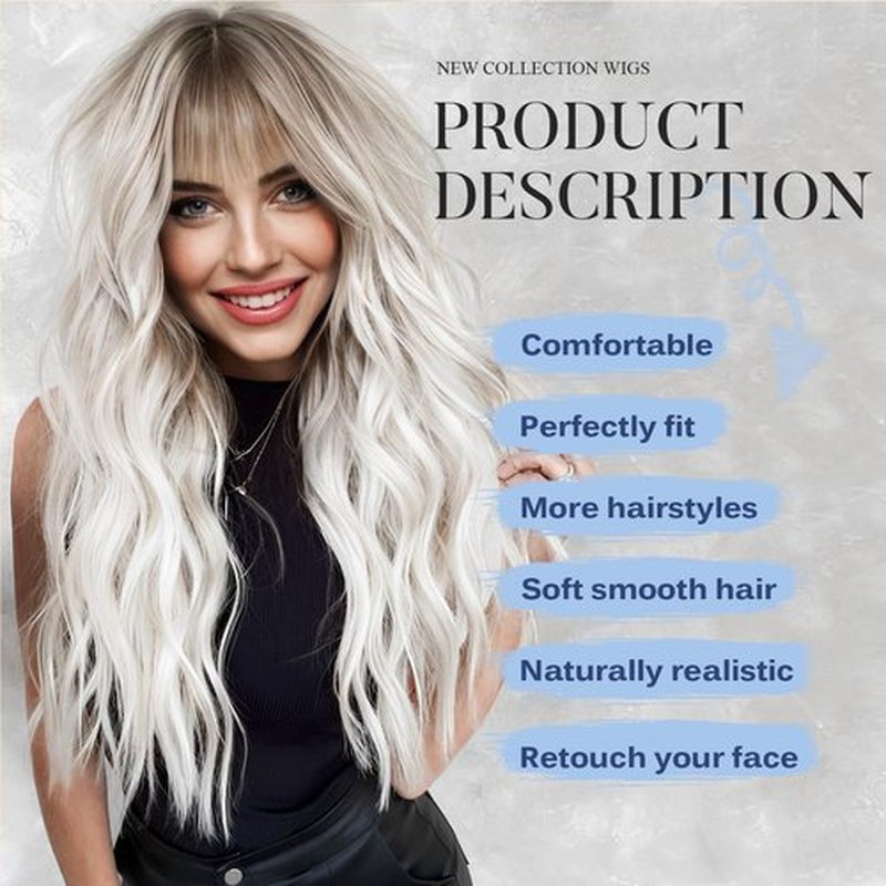 KOME Ombre Platinum White Wigs with Bangs,White Long Wavy Wig for Women,Long Curly Wigs Synthetic Hair Dark Roots Wig for Party Cosplay Daily Use 24IN
