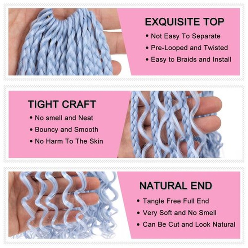 COOKOO 14 Inch Goddess Boho Box Braids Crochet Hair for Women 8 Packs Strands Synthetic Pre Looped Box Braids Curly Ends Knotless Ombre Braiding Hair (Light blue#)