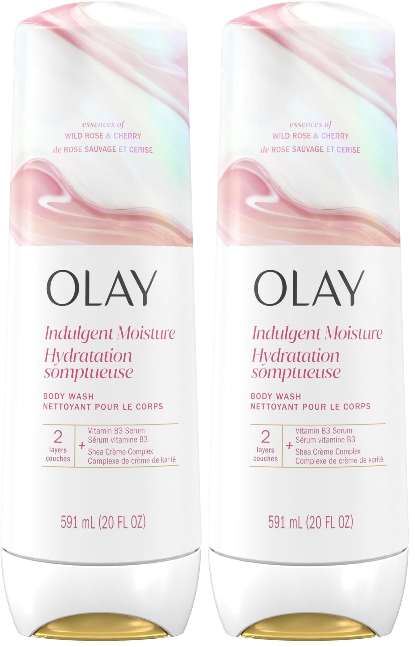 Olay Body Wash for Women,Indulgent Moisture,24hr Moisturizing & Nourishing Formula,Infused with Vitamin B3 Complex,Luxurious Fragrances,Rose & Cherry Creme Scent,20 fl oz,(Pack of 2)