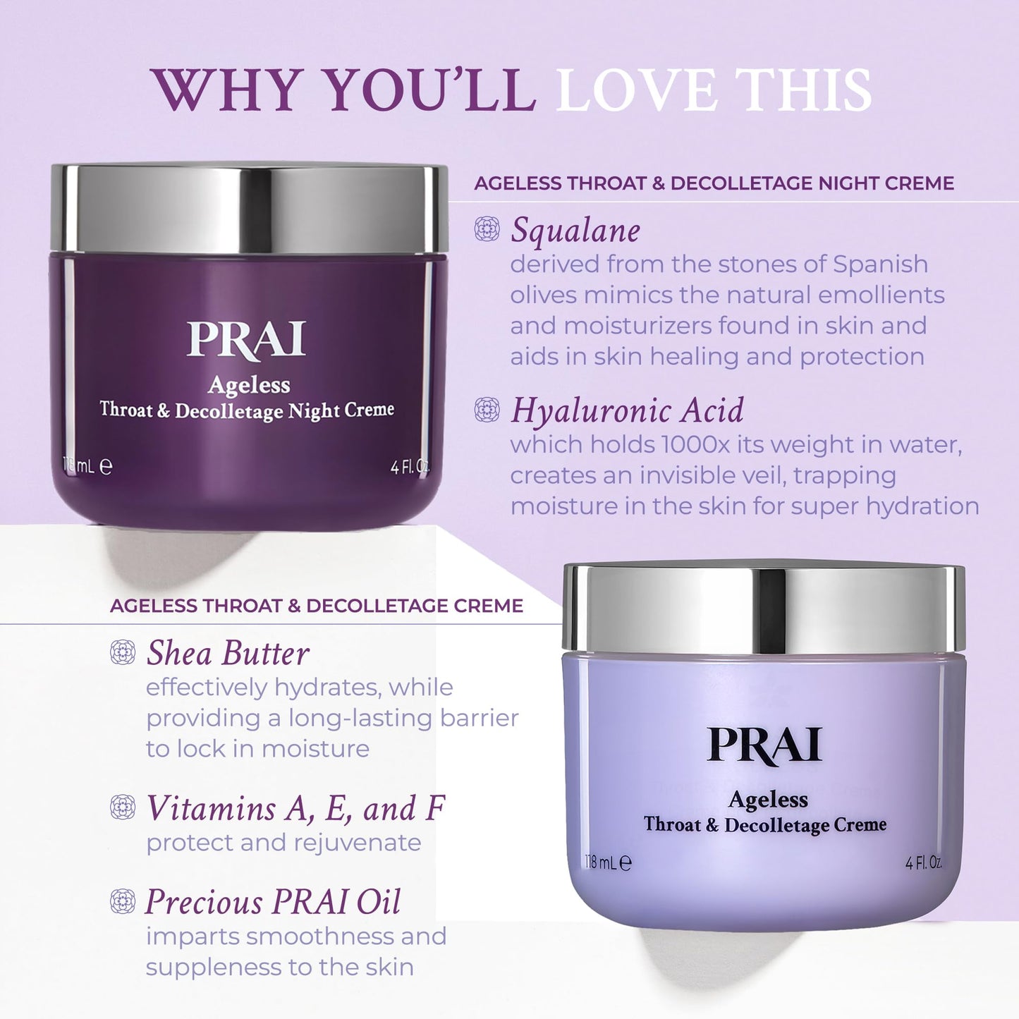 PRAI Beauty Ageless Day and Night Neck Creme Set | 1 Throat & Decolletage Day Creme and 1 Throat & Decolletage Night Creme | Skin Tightening Cream Set for Instantly Ageless Neck | 4.0 Oz Each