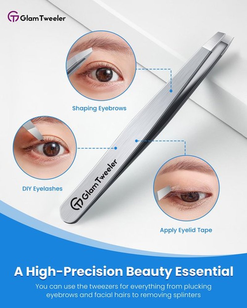 Expert Slant Tip Tweezers with Leather Case, GlamTweeler Sharp & Precision Stainless Steel Tweezer for Eyebrows, Facial Hair and Fine Hairs Removal (Silver)