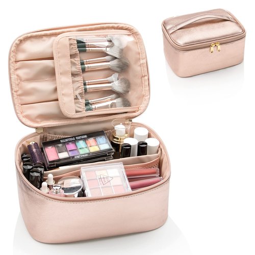 OCHEAL Rose Gold Makeup Bag,Travel Makeup Organizer Bag, Large Capacity Cosmetic Bags For Women Large Travel Toiletry Bag Girls Traveling With Brush Slot And Divider