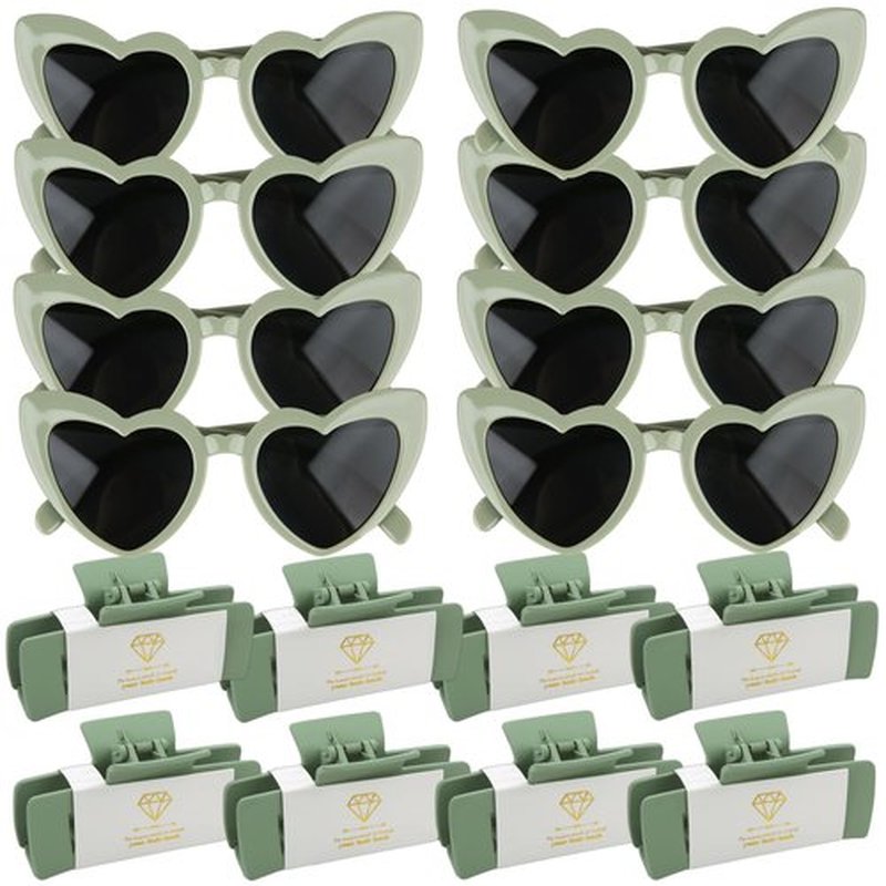 16pcs Bridesmaid Proposal Gifts 4.1inch square Bachelorette hair Claw Clip heart Sunglasses set of 16 Girls Trendy gift for Wedding Party Favors(16pcs Sage Green)