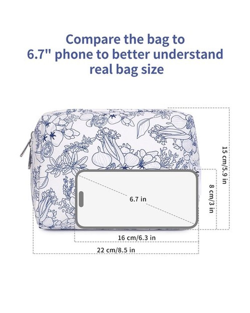 Narwey Cute Makeup Bag Travel Cosmetic Bag Organizer Toiletry Bag Make Up Bags with Compartments for Women (Large, Little Navy Blue Flower)