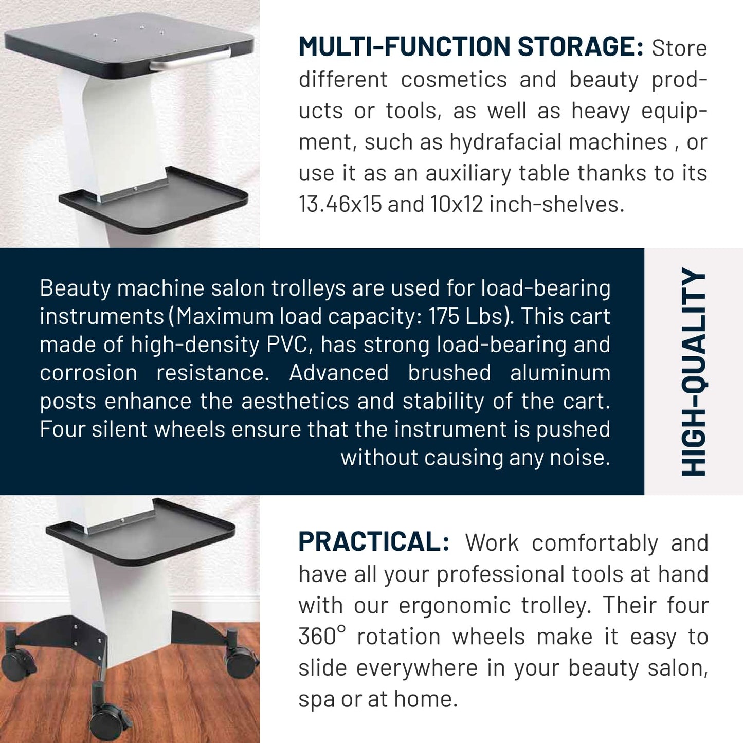 BRÜUN Beauty Trolley Salon Rolling Cart – A White Color Moveable Esthetician Machine Cart with Additional Tray, Wheels, and Stand – Mobile cart of Aluminum Alloy for Spa and Salon