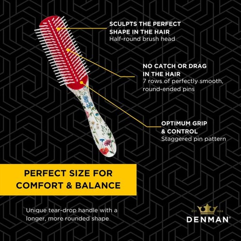 Denman Original Curl Definer & Styler 7 Row Hairbrush for Detangling, Separating, and Defining Curls, Curly Hairbrush - D3 Wild Flowers