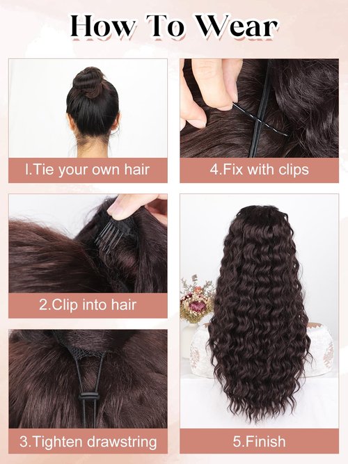 SUZYACCKR Wavy Curly Ponytail Extension, Dark Brown Short Soft Natural Synthetic Hairpiece Thick Drawstring Ponytail for Black Women For Daily Use（22 inch）