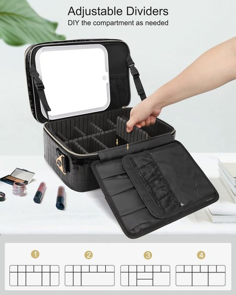 Relavel Makeup Bag with LED Mirror, Makeup Case with Lighted Mirror, Large Capacity Travel Cosmetic Train Case Organizer Box for Women, Dividers and Rechargeable Vanity Mirror (Crocodile Pattern)
