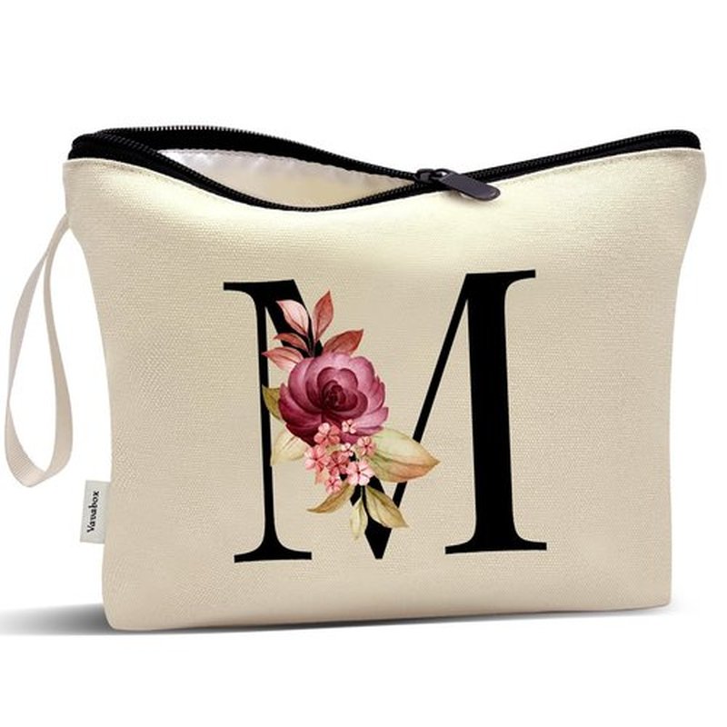 Vavabox A-Z Personalized Makeup Bag,Birthday Gifts for Women Mom,Gifts for Best Friend,Bride Bridesmaid Cosmetic bag (M, Cream)
