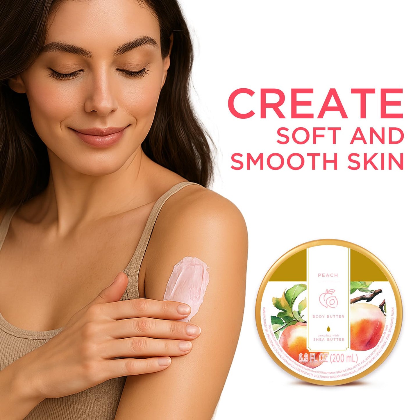 Princess Belle Peach Body Butter with Natural Shea Butter, Body Moisturizer for Dry Skin, Body Care for Women-Deep Moisturizing and Softening-200ml(6.8 floz)