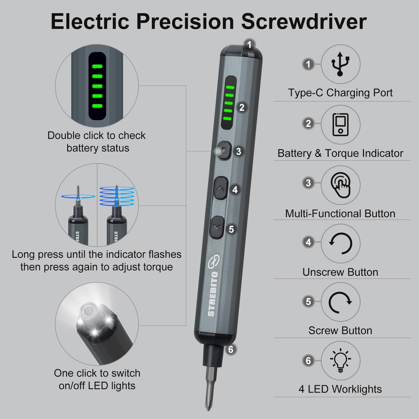 STREBITO Mini Electric Screwdriver Set, 70 in 1 Small Electric Screwdriver - 64 S2 Preicison Bits, 5 Torque Settings, 4 LED Lights, Mini Power Screwdriver Repair Tool Kit for PC Electronic (Standard)