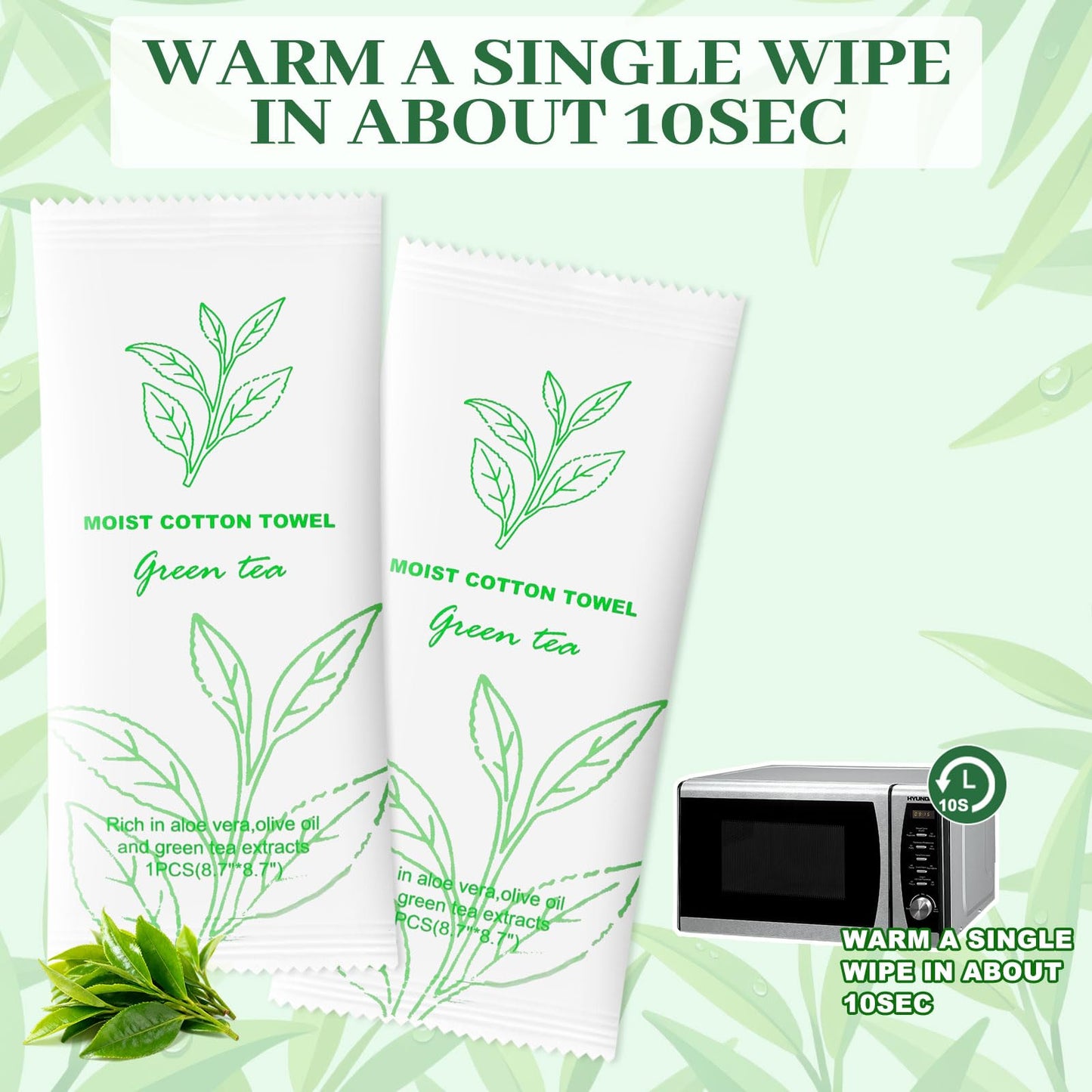 Moist Cotton Towel Bulk Moist Towelettes Individually Wrapped,White Towel Services,Refreshment Pre Moistened Towels for Dentist Travel Sport Party Hotel 100，Green tea