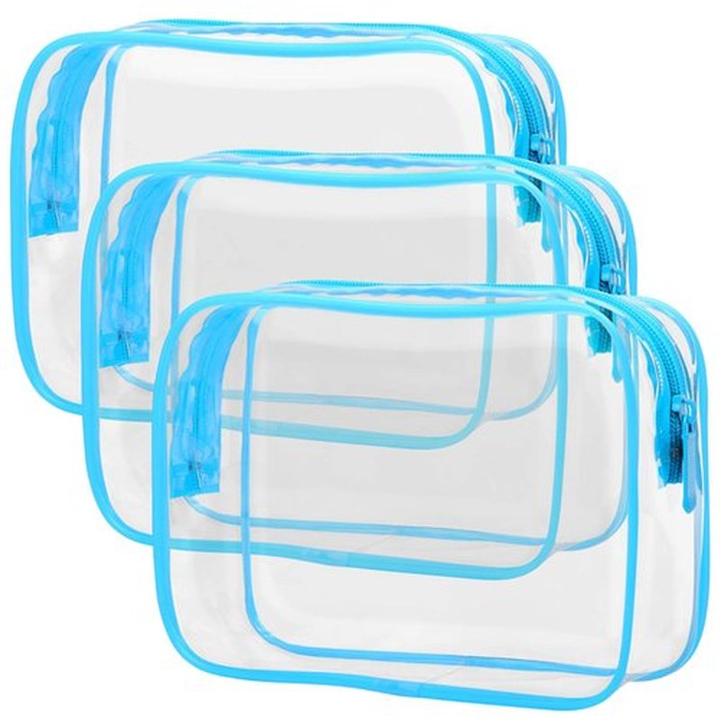 Packism Clear Makeup Bag - Waterproof TSA Approved Toiletry Bag Quart Size Bag, Clear Makeup Bags with Zipper Travel Cosmetic Bag, Carry on Airport Airline Compliant Bag, 3 Pack, Blue