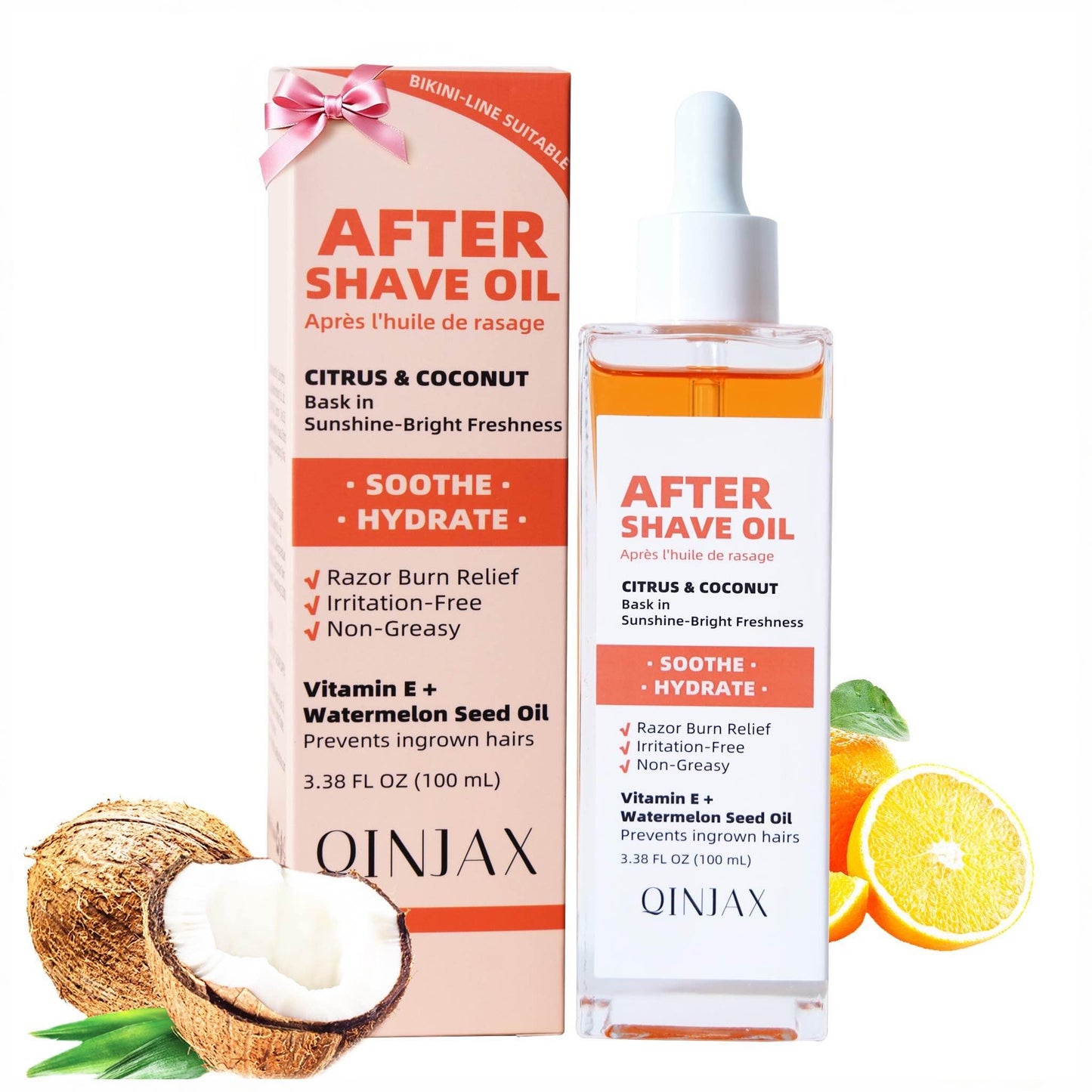QINJAX After Shave Oil - Citrus & Coconut Scent After Shave Oil Women | Fights Razor Bumps & Prevents Irritation | Ingrown Hair Treatment for Bikini Area | Hydrating Post Shave Women - 100ml