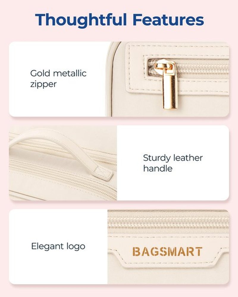 BAGSMART Travel Makeup Bag Large Capacity Cosmetic Bag, Wide-open Portable Make Up Bag Organizer for Women for Travel Essentials Travel-Size Toiletries Accessories Bottles, Brushes (Warm Gray)