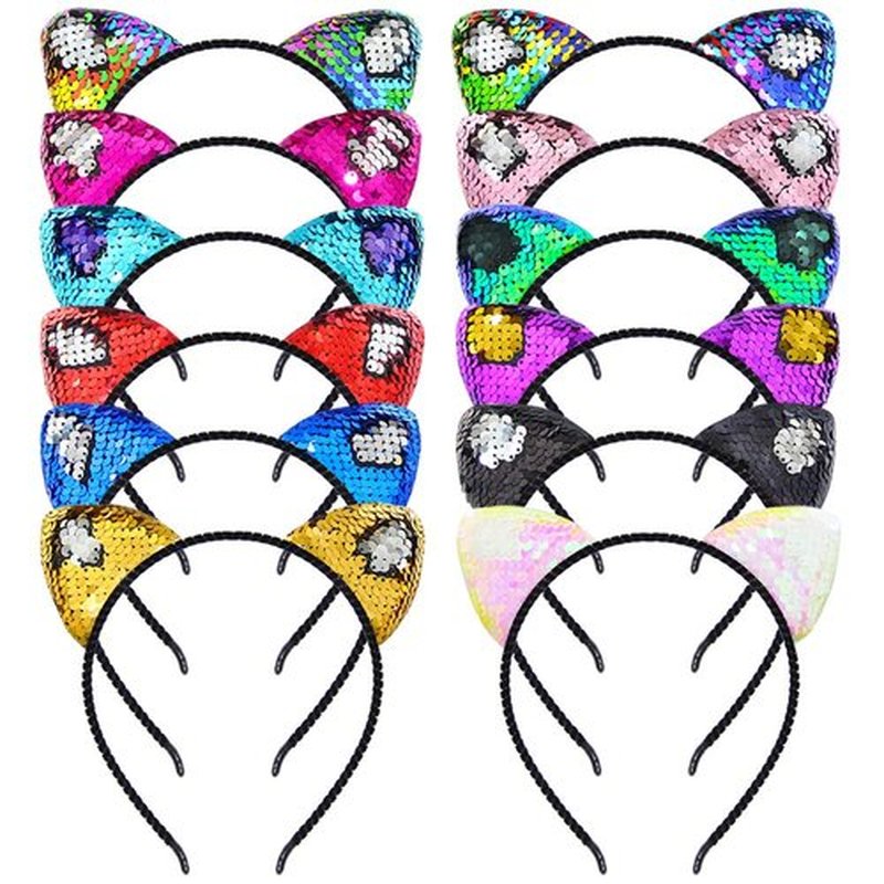 Beinou Reversible Sequin Cat Ears Headband Shiny Cat Ear Hair Hoops Cute Bling Kitty Hairband Hair Accessories for Women Girls Daily Wearing and Party Decoration