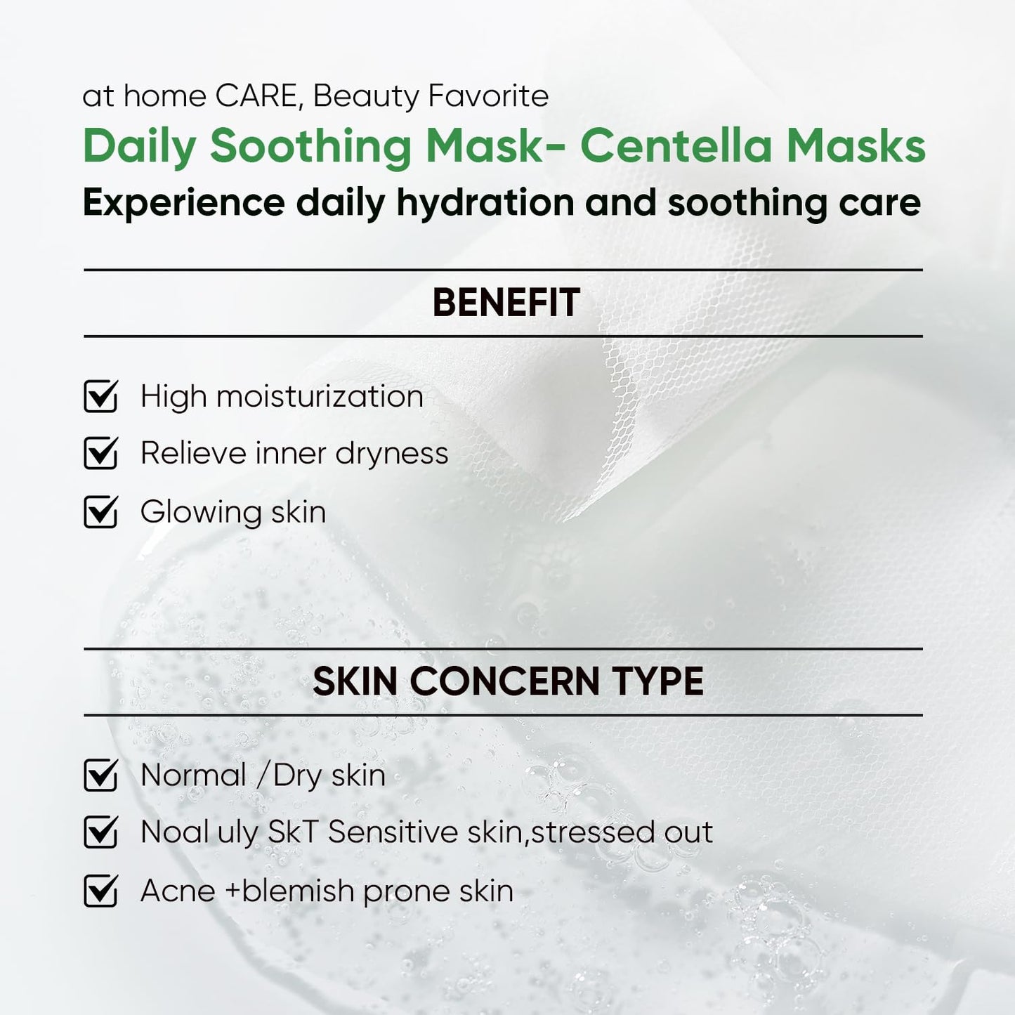 Calming Mask for Face, Centella Asiatica Calming Mask, Facial Masks with Aloe Hyaluronic Acid for Sensitive Skin,Soothing,Anti Aging Face Mask,Face Masks Skincare,Hydrating Sheet Facial Masks 10 pack