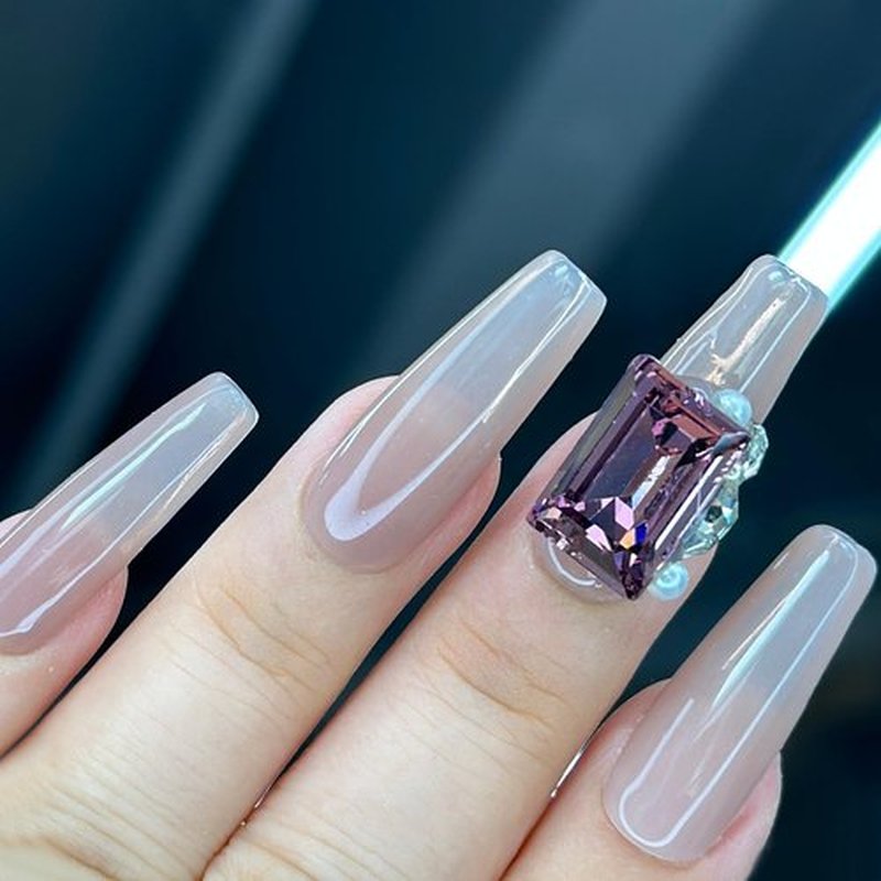 Ricefod Press on Nails Handmade Dusty Pink Fake Nails with Luxury Square Diamonds 10 Pcs Reusable Coffin Nails Press on False Nails Medium Length for Women (Size:Medium)