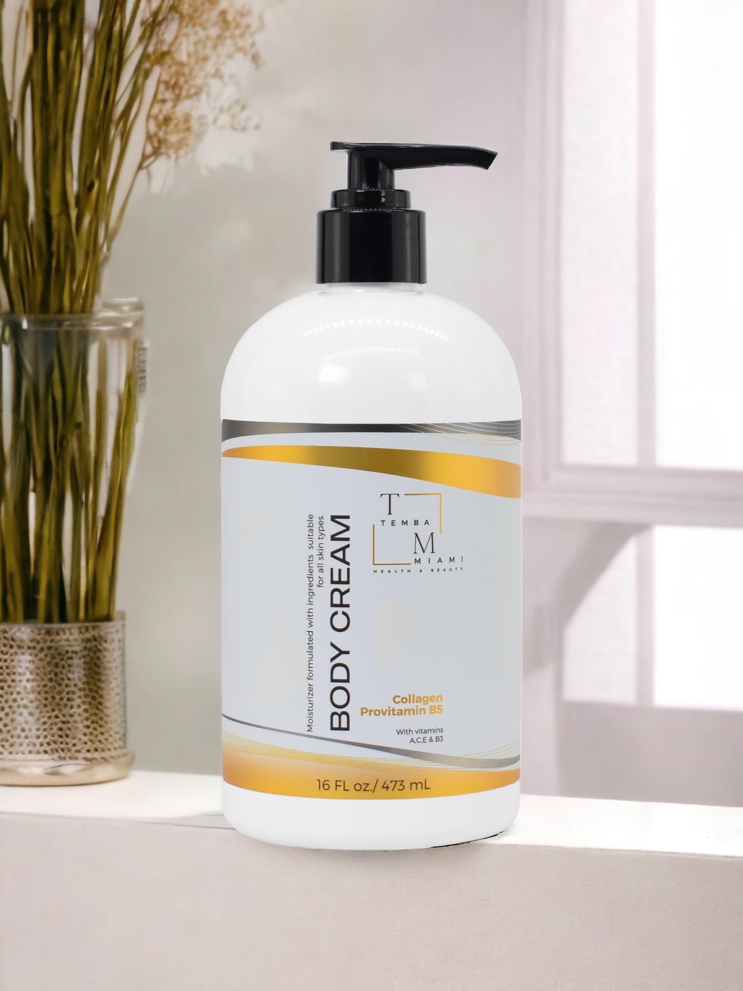 TEMBA MIAMI BODY & HAND CREAM Moisturizer, ANTI-AGING Body Cream, Non Greasy For ALL SKIN TYPES, With COLLAGEN & SHEA BUTTER, White, 16 Oz.
