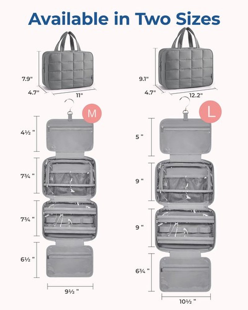 BAGSMART Travel Toiletry Bag with Jewelry Organizer, Hanging Travel Bag for Toiletries, Puffy Makeup Cosmetic Bag Organizer, Carry-on Travel Accessories Essentials, Grey-M