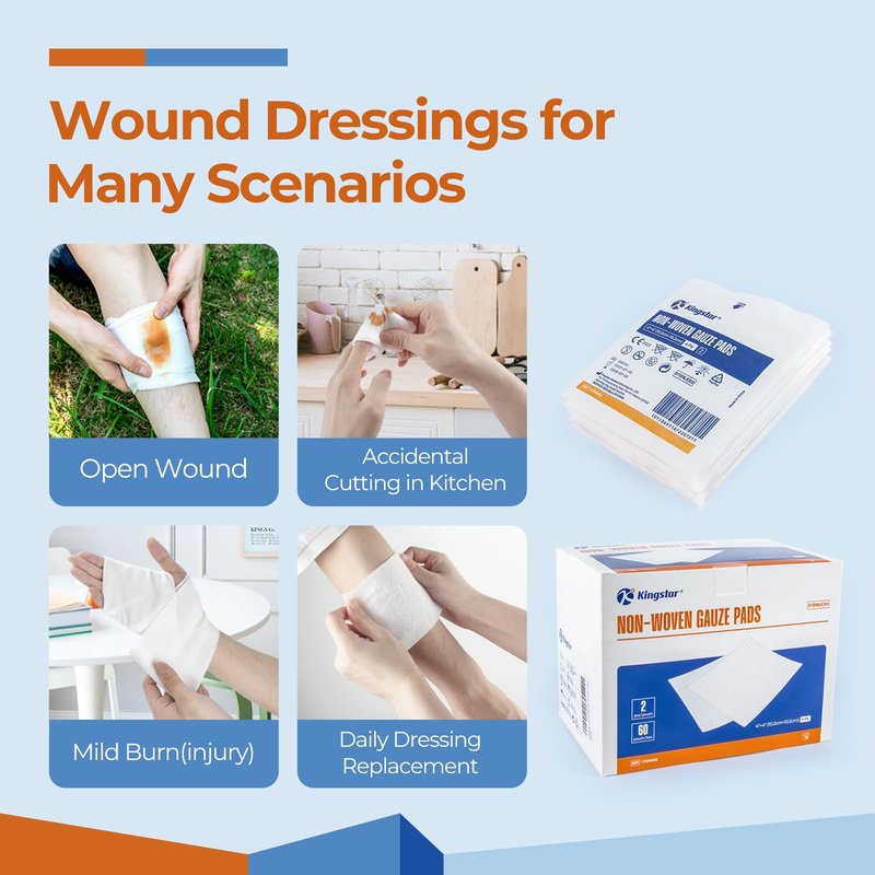 Kingstar Sterile Nonwoven Gauze Pads, 4"x 4" Wound Dressing, 60 Packs - 120 Pieces Superior Soft Sponge Pads, Higher Absorbent Gauze Compresses for Trauma or Post-Operative Wound Care