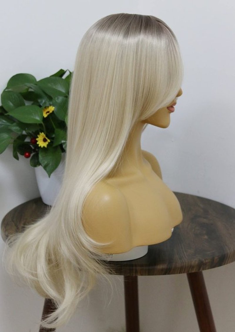 Ash Blonde Synthetic Wig With Bangs Natural Wave Fringe Unit Glueless Wig For Woman Light Brown Roots Scalp Top Full Machine Made Full Wig Platinum Blonde Heat Resistant Fibers Costume Wig Daily Use