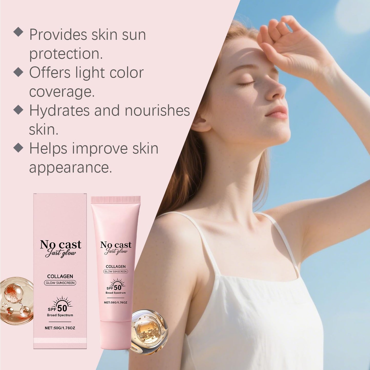 No Cast Just Glow Collagen Sunscreen, SPF 50 PA++++ Face Sunscreen with Peptide and Centella, Lightweight, Non-Sticky, Soothing Natural Sun screen Skincare