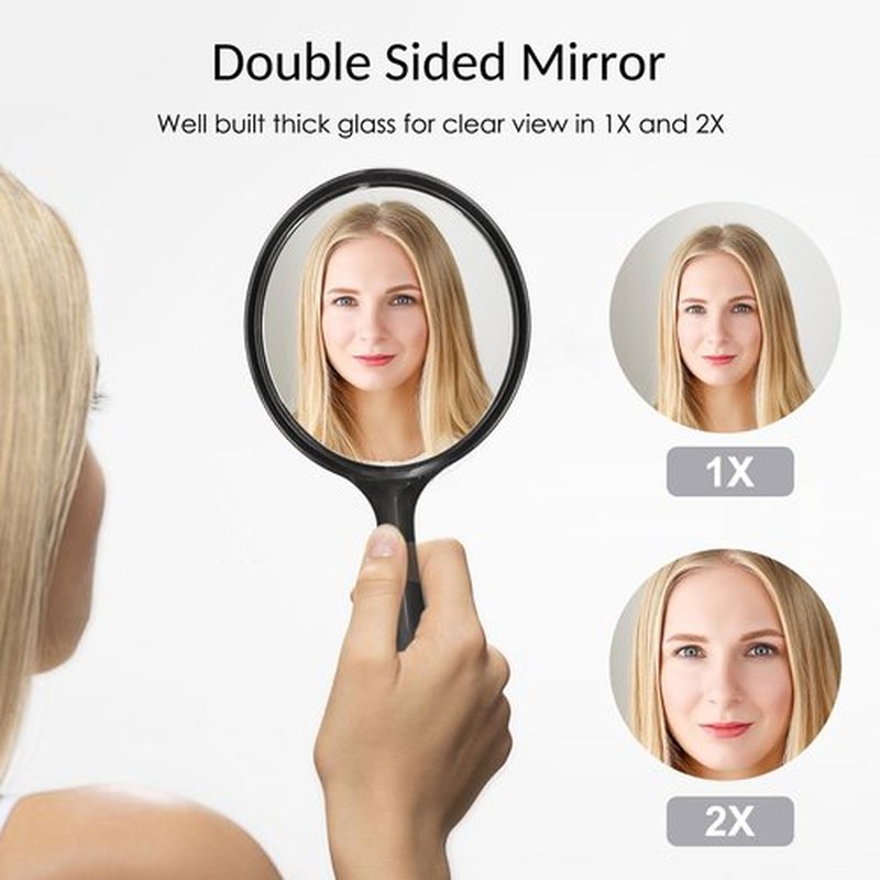 D Handheld Mirror with Handle - 5.4" W x 10.4" L Hand Mirror Large Doule Sided Magnifying Mirror 1X 2X Handle Makeup Mirror Acrylic Handheld Mirror Rounded Shape Black