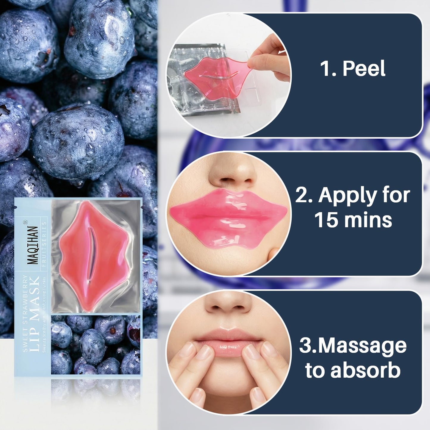 30PCS Moisturizing Lip Mask - Lip Patches for Spa Daily Labial Masks Skincare Hydrating to Reduce Wrinkles Dryness Anti-wrinkle Lightens, Blueberry