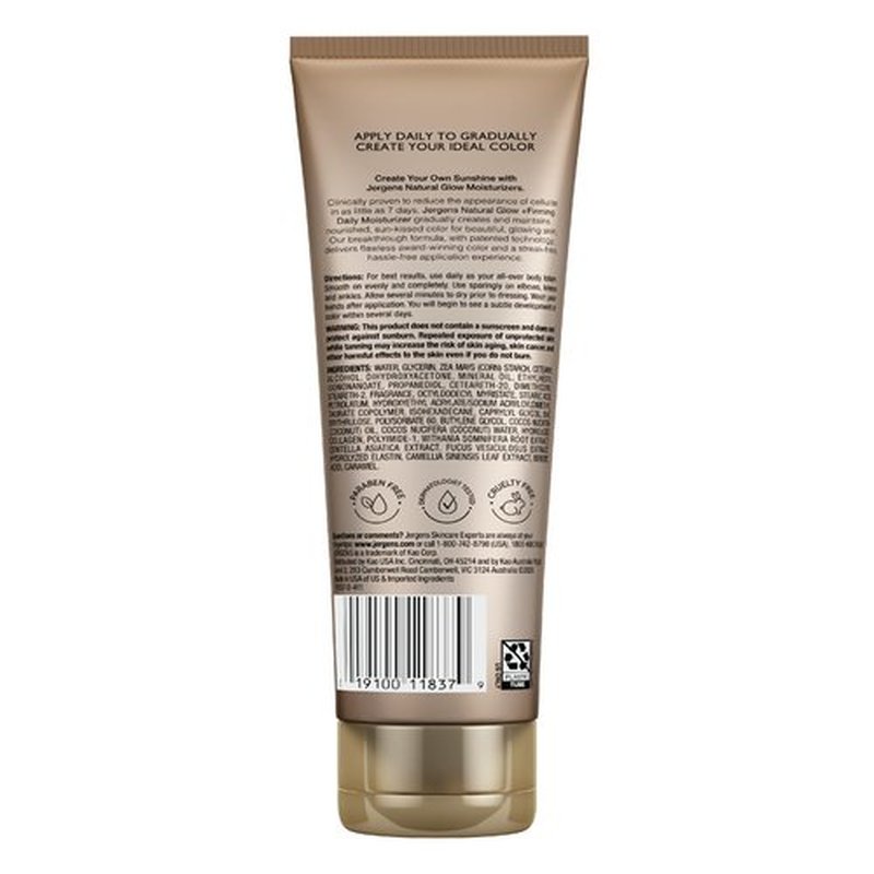 Jergens Natural Glow +FIRMING Self Tanner, Sunless Tanning Lotion for Fair to Medium Skin Tone, Anti Cellulite Firming Body Lotion for Natural-Looking Tan, 7.5 Ounce