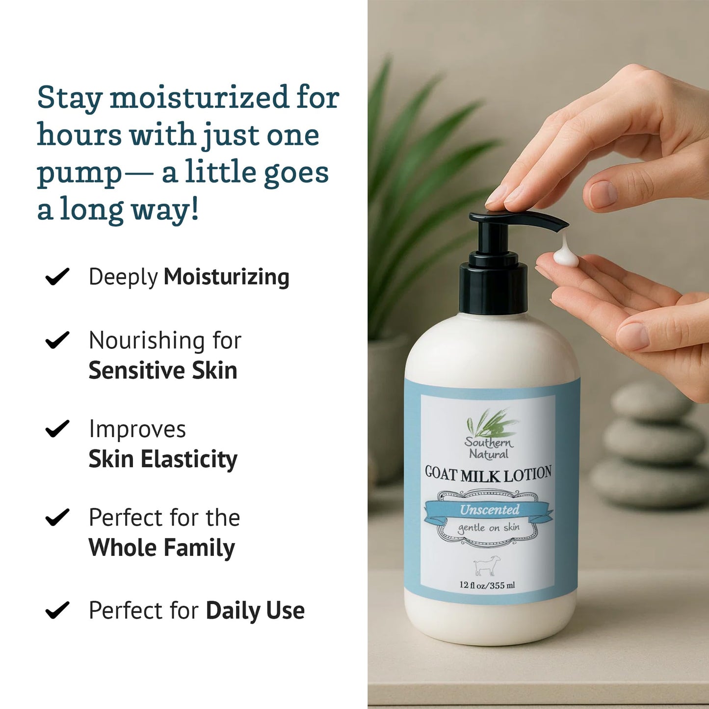Southern Natural Goat Milk Lotion – Nourishing Face, Body & Hand Moisturizer for Dry & Sensitive Skin - Hydrating Cream, Gentle Skincare for Soft & Smooth Feel - Unscented 12oz